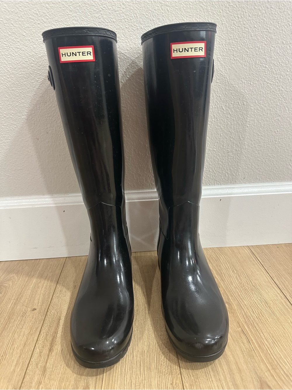 Hunter Gloss Black Knee-High Rain Boots - Picture 1 of 10